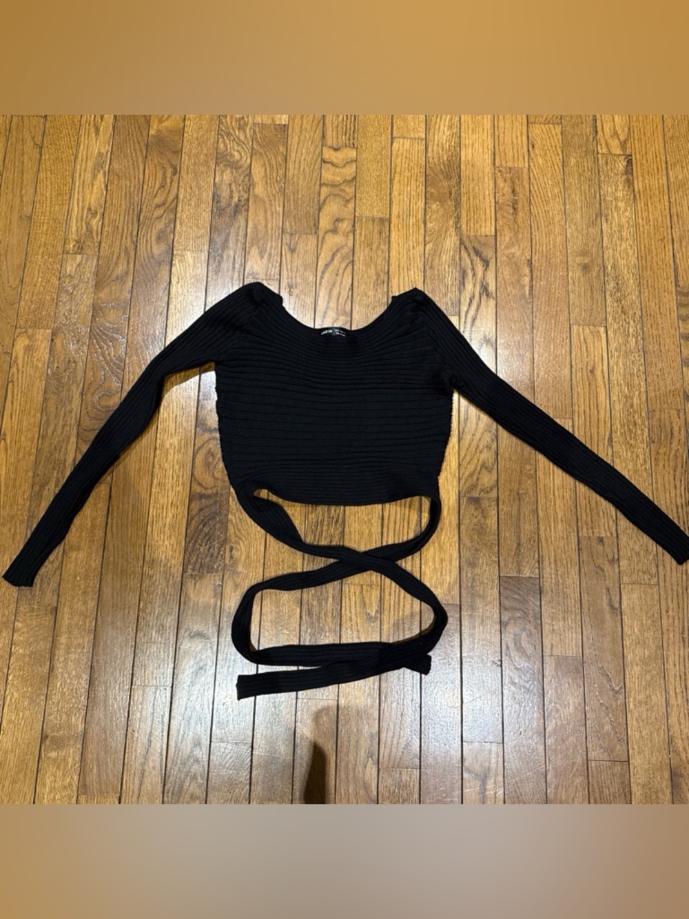 Black Ribbed Long-Sleeve Wrap Crop Top